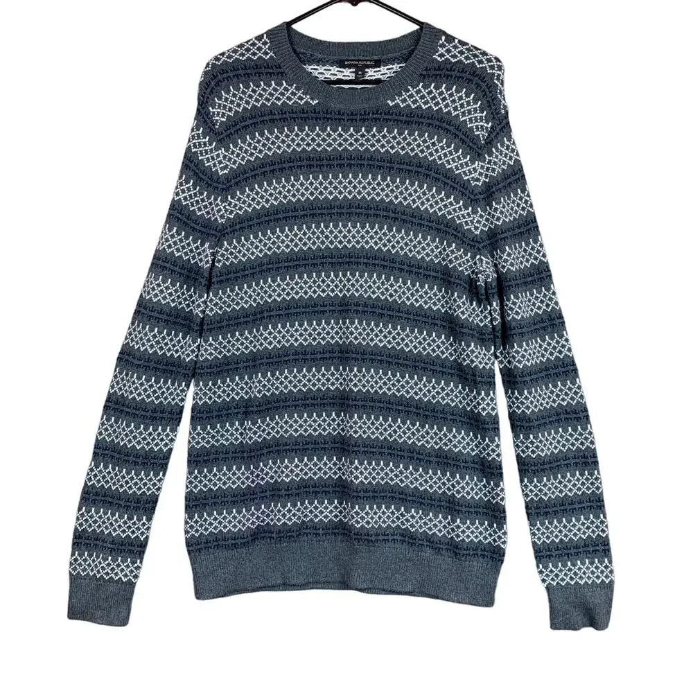 Banana Republic Mens Sweater Gray Blue Crewneck Fair Isle Wool Blend Pullover M